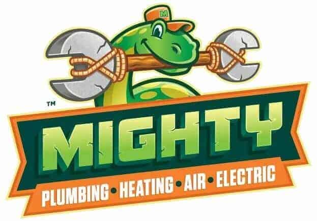Logo for Mighty Plumbing, Heating, Air, Electric featuring a cartoon snake wearing a cap and holding a wrench in its mouth.